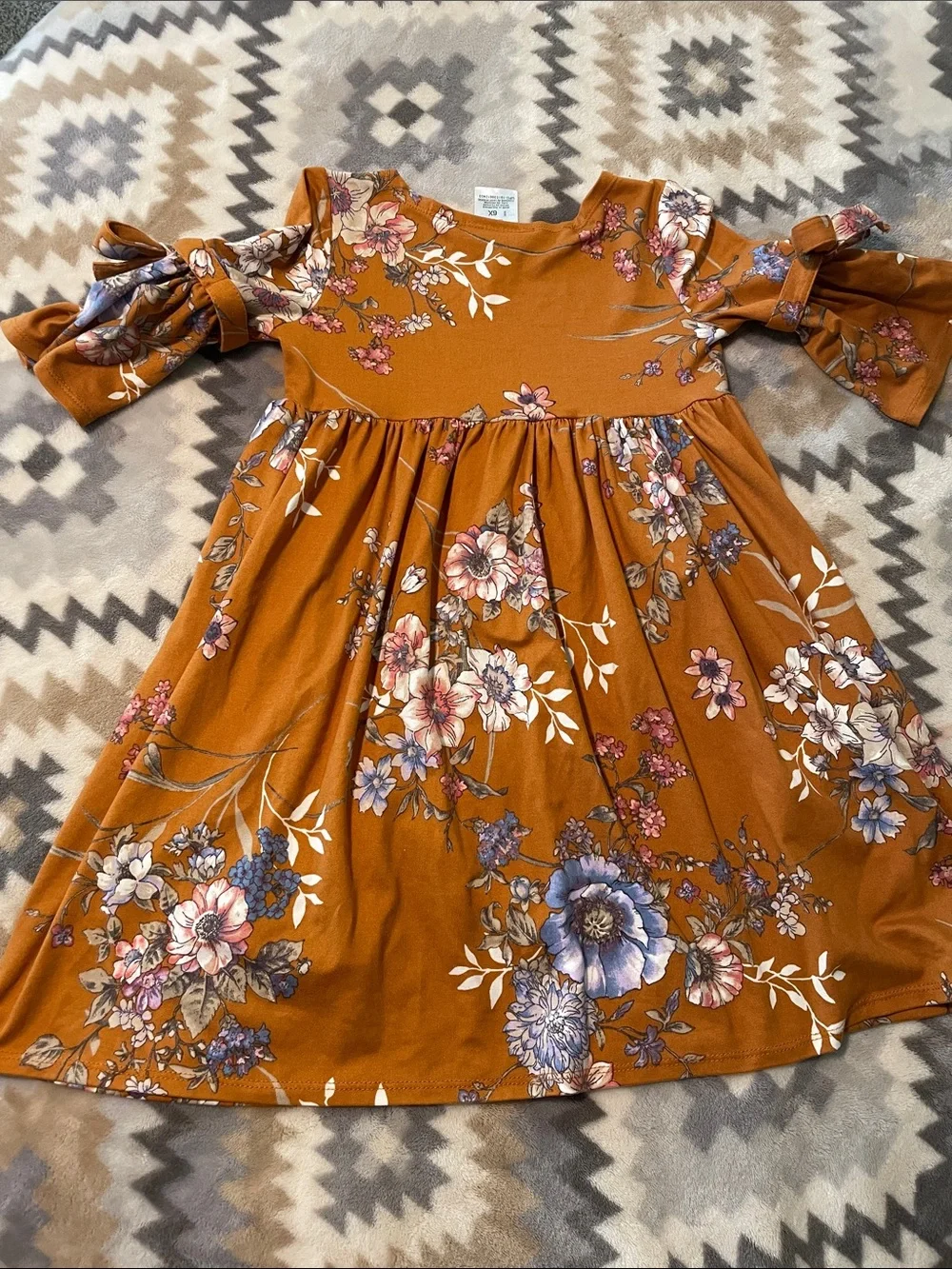 Girls fall Floral Tie-Sleeve Dress - Rust
